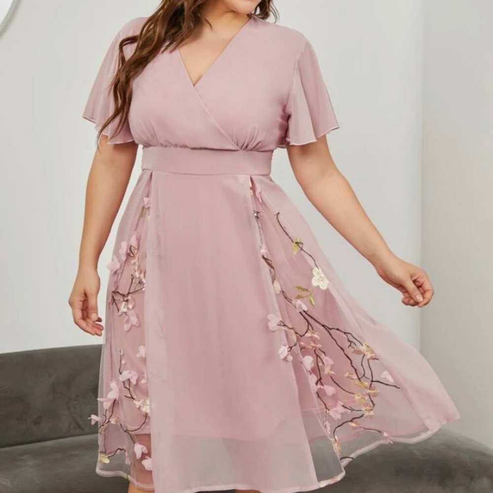 Shein Curve Chiffon Plants Embroidered Appliqué MIDI Dress 2XL or 16